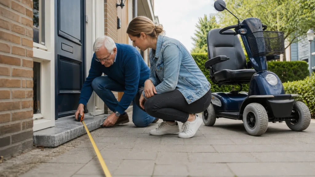 Oudere man en helper meten een drempel en beschikbare lengte naast een stilstaande scootmobiel