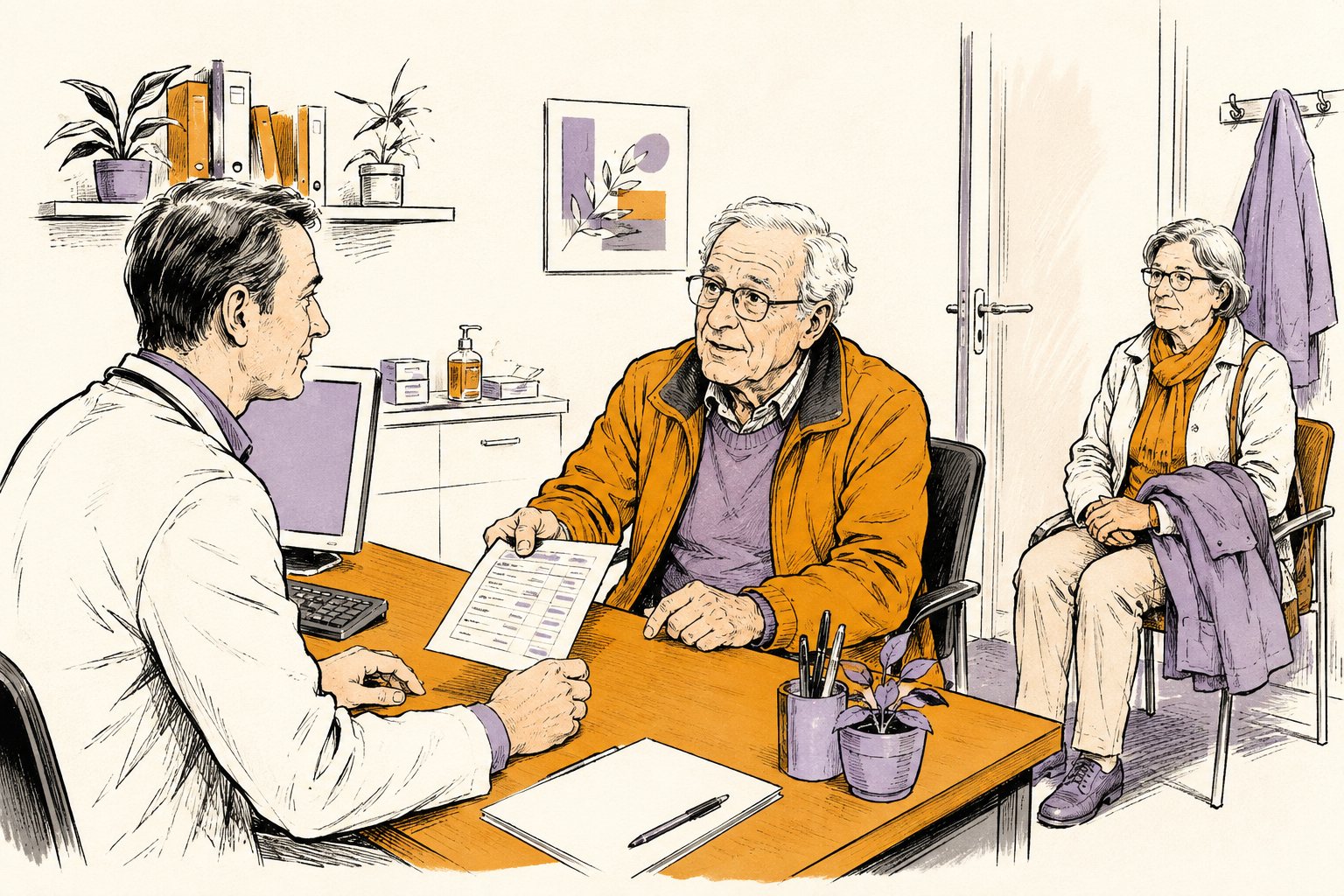 Oudere man overhandigt zijn medicatieoverzicht aan de keuringsarts