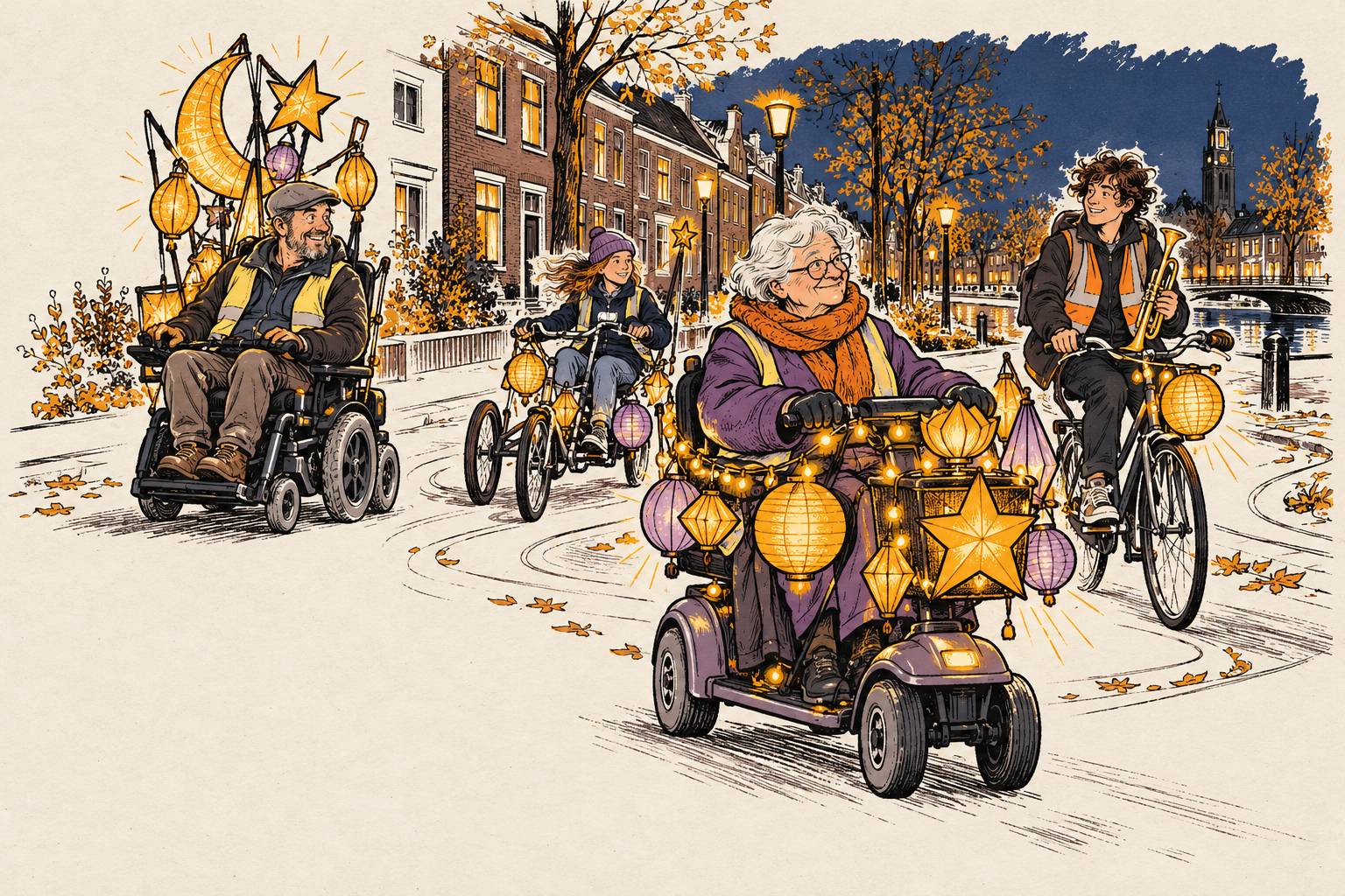Illustratie: mensen op scootmobiel, elektrische rolstoel en aangepaste fiets met lichtversiering in een avondoptocht