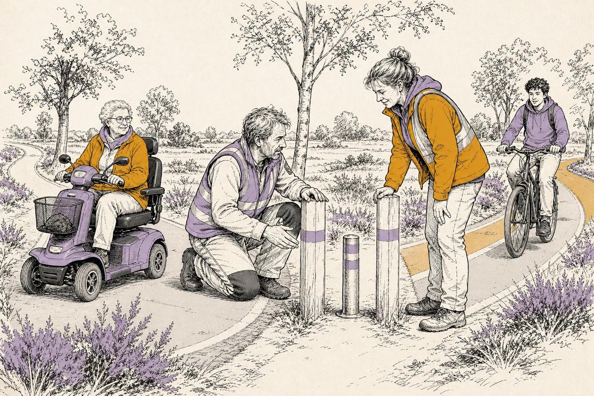 Illustratie: scootmobielgebruiker en vrijwilligers bekijken een doorgang met paaltjes.