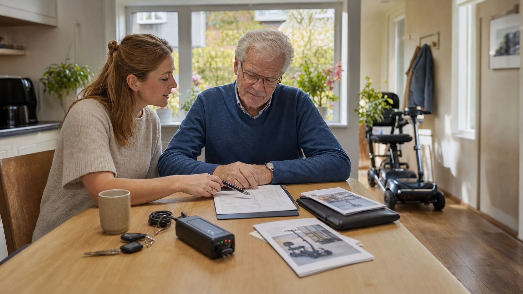Mantelzorger en senior controleren scootmobiel checklist aan tafel